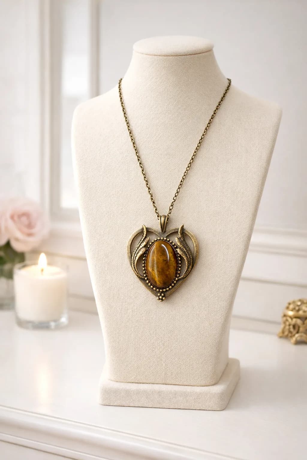 Collier Cœur de Protection – Bronze et Œil de Tigre Naturel