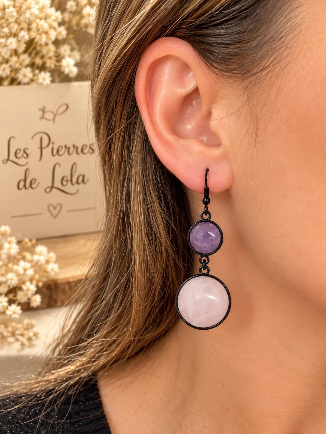 Boucles d’oreilles Améthyste & Quartz Rose – Double pierre